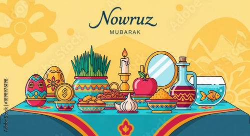 Traditional nowruz celebration table setting with symbolic items and decorations