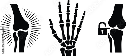 Orthopedic Bone and Joint Icon Set Showing Knee Pain Hand Skeleton and Joint Lock Medical Anatomy Silhouette Illustration for Healthcare Design