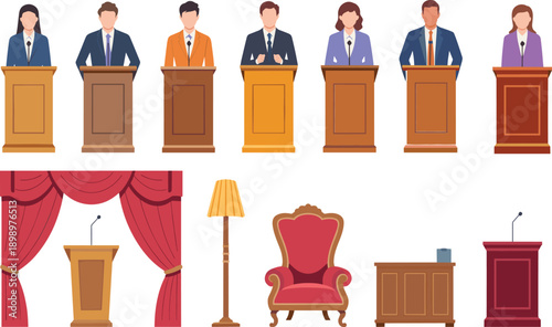 Political Debate and Public Speaking Illustration Set Featuring Politicians Podiums Stage Furniture for Election Campaign Conference and Government Presentation Design