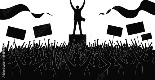 Political protest crowd silhouettes with activist leader raising arms during mass demonstration, freedom movement concept illustrated in bold black vector style