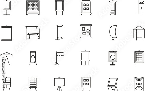 Presentation board and display stand icon set for business education exhibition advertising signage training and visual communication concepts
