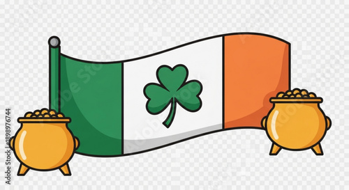 Irish flag with shamrock and two gold pots of coins on white background