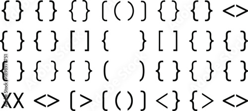 Programming symbols and code brackets icon set illustrating software development syntax coding elements isolated on white background vector