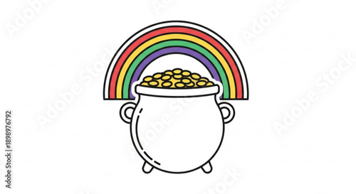 Golden coins fill a white cauldron under a vibrant rainbow on white background