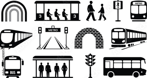 Public transport icons set featuring metro, bus, train stations, passengers and urban transit symbols in clean black vector illustration