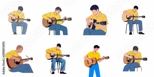 Vector illustration set of young men playing acoustic guitar, isolated for musical performance, practice, and learning concepts.