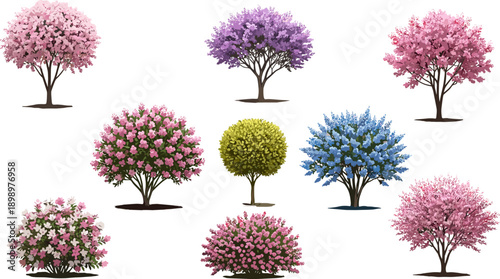 Comprehensive Vector Illustration Bundle of Stylized Landscape Design Elements Including Flowering Trees, Bushes, Hedges, and Rock Beds for Garden Scenes