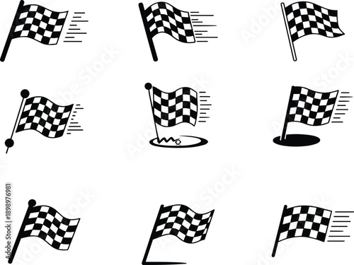 Racing checkered flag icon set showing speed finish victory motorsport competition symbols in dynamic black vector design illustration