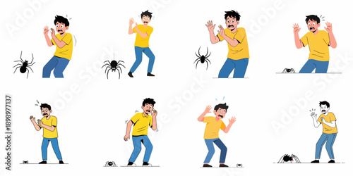 Arachnophobia concept set: Young man terrified and panicked by encountering various spiders in different poses.