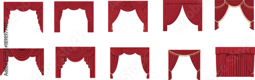 Red theater curtain collection featuring classic stage drapery designs for opera cinema performance backdrop interior decor vector illustration