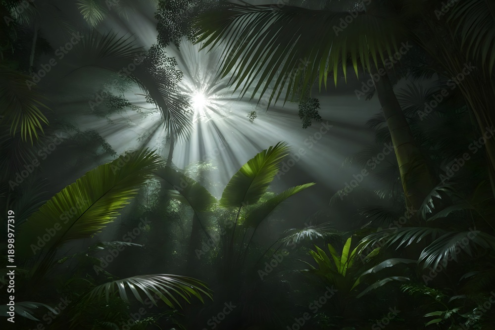 Naklejka premium Enchanted rainforest canopy with sunlight rays through dense foliage misty atmosphere lush greenery