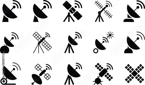 Satellite communication icons set with antenna dish space signal transmission technology symbols vector illustration modern solid black