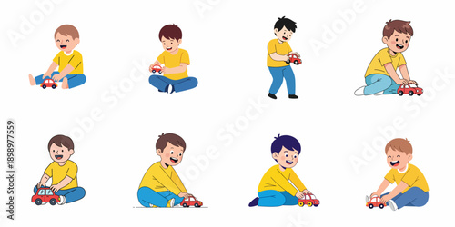 Eight happy little boys playing with red toy cars, showcasing childhood joy and development activities.