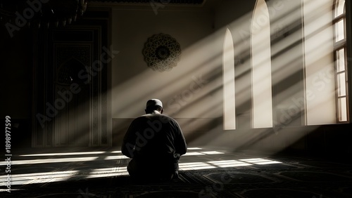 Man in silhouette praying in mosque with sunlight