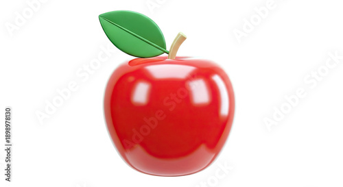 Glossy Red Apple with Green Leaf