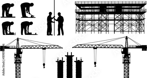 Construction Site Black Silhouettes Set, Tower Cranes, Formwork Scaffolding, Workers and Concrete Columns Vector Illustration for Building Industry