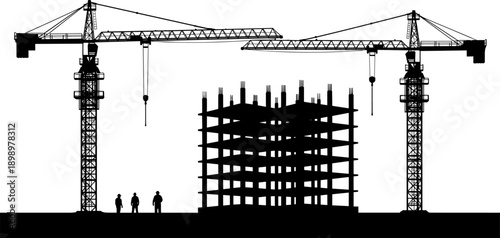 Construction site silhouette with tower cranes and unfinished building structure, showing industrial development, urban architecture growth, civil engineering work process, black vector illustration 