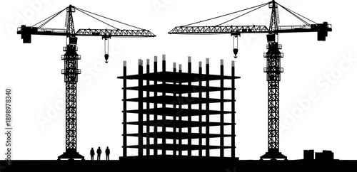 Construction site silhouettes with tower cranes building high rise structure, urban development and engineering progress concept, heavy machinery scene, black vector illustration isolated