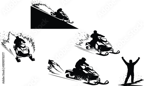 Snowmobile rider action silhouettes collection showing winter extreme sports, high speed snow biking and adventure scenes in black vector illustration style