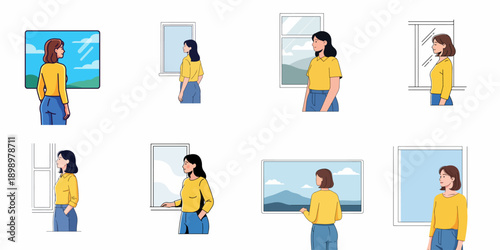Collection of women looking out windows, observing views or reflecting, isolated scenes showing contemplation, hope, or relaxation in flat vector style.