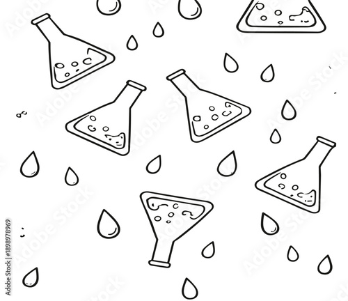 Hand drawn laboratory flask and liquid droplets seamless pattern, chemistry sketch style vector illustration for science and education design