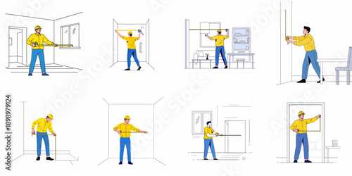 Builders and handymen measuring room dimensions, windows, and doorways for home renovation and interior design projects using tape measures.
