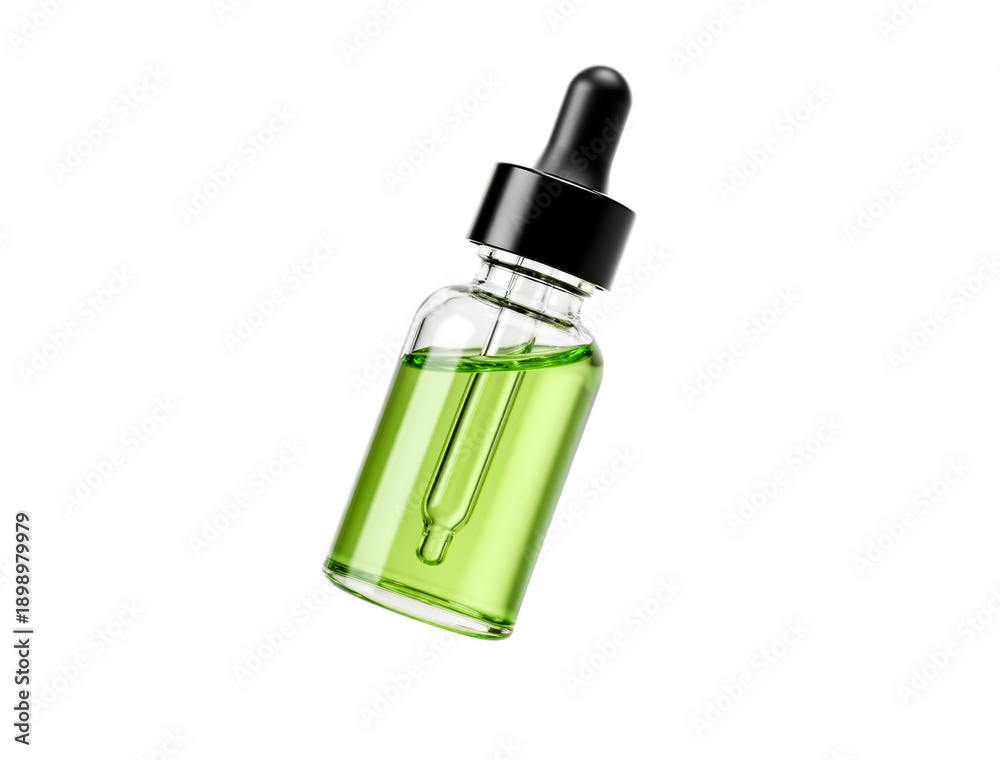 Naklejka premium Vibrant Emerald Green Liquid in Transparent Bottle with Black Dropper Cap, High Contrast Against Dark Background