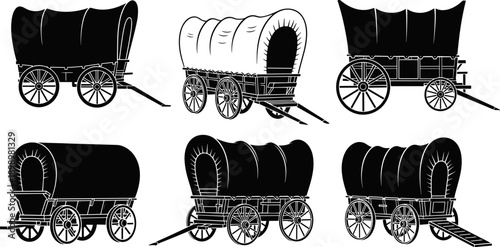 Covered wagon silhouette icon set, black vintage pioneer carts collection, western frontier transportation symbols, historical travel vehicles, clean 