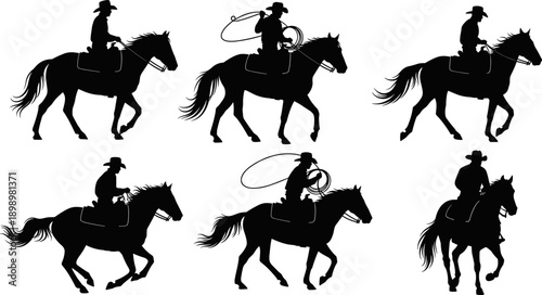 Cowboy riding horse silhouette, western scene, lasso action, black vector, wild west culture, ranch life, traditional cowboy, dynamic poses, vintage style