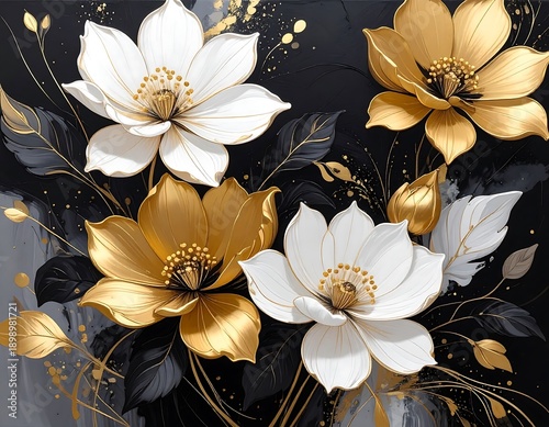 A stunning digital artwork showcasing four vibrant flowers in gold and white hues, set against a dark, contrasting background