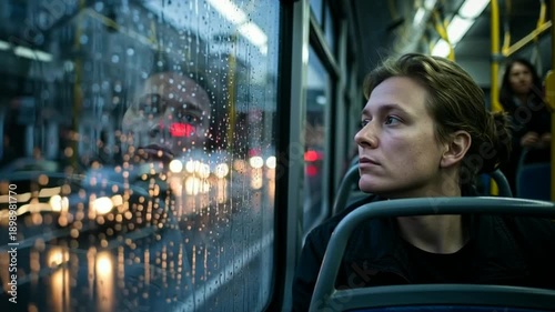 Man Reflecting on Bus Window During Rainy City Commute