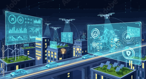 A global business and communication concept featuring a blue night cityscape with blurred traffic lights on a Hong Kong highway and urban architecture