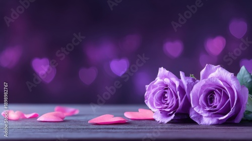 Purple roses on dark wooden background with heart bokeh and petals, romantic floral decoration for valentine, wedding and anniversary