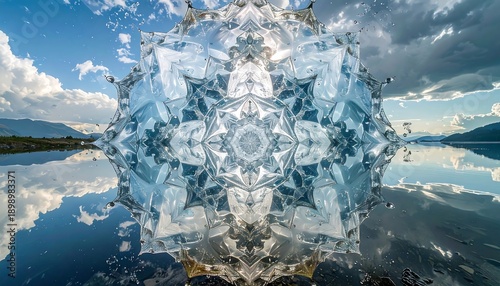 A stunning display of symmetrical water. It forms a kaleidoscope shape against a backdrop of lake, sky and clouds, perfectly reflected