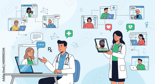 Doctor and nurse using mobile technology and a laptop for network communication and social connection in a modern hospital office illustration