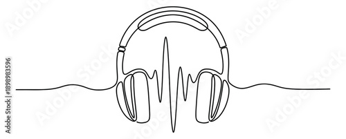 Continuous line art illustration of headphones depicting a sound wave for audio and music concepts