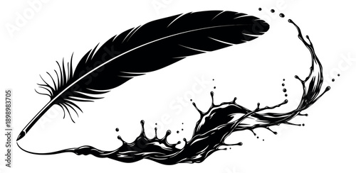 Line art illustration of a quill pen depicting a dynamic ink splash for writing and creativity