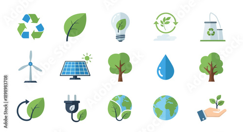 A comprehensive set of green eco icons featuring vector symbols for nature, recycling, energy, and environmental design elements like leaves, trees, and the earth globe illustration
