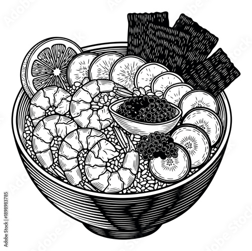 Hand drawn line art illustration of a poke bowl depicting a gourmet seafood meal with shrimp and caviar for restaurant menus