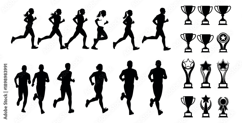 Fototapeta premium Silhouette sports and awards set featuring diverse runners and various trophies for competition, fitness, and success