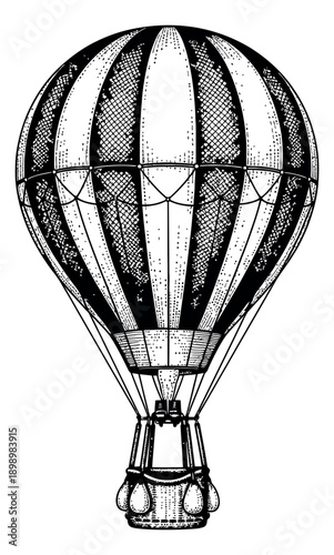 Engraving style illustration of a hot air balloon depicting flight for travel and adventure