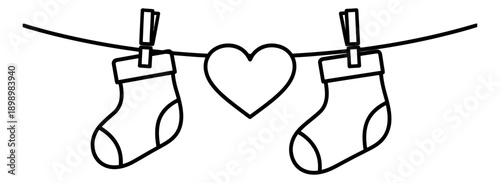 Hand drawn line art illustration of two baby socks and a heart depicting new life for a newborn announcement