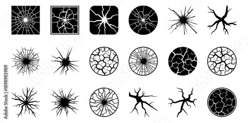 Graphic cracks set featuring shattered glass and dry land effects in various shapes for design elements and textures