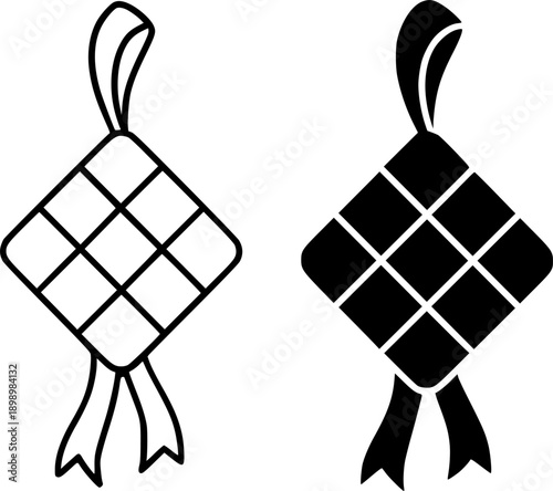 Islamic icon for Ramadan or Eid al-Fitr, vector illustration of ketupat, black and white in outline and silhouette style
