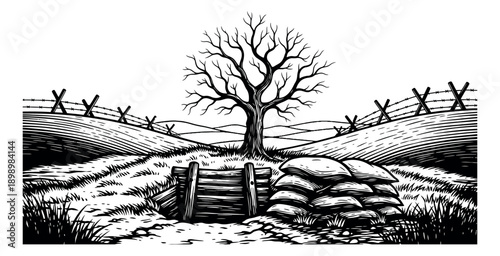 Hand drawn line art illustration of a desolate battlefield depicting a trench, sandbags, and barbed wire defenses for military history concepts