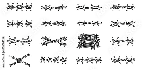 Hand drawn line art barbed wire set featuring various fence segments and a coil for security concepts