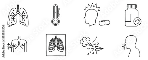 Hand drawn line art medical icons set featuring common illness symptoms, diagnostics, and treatment elements for healthcare and wellness
