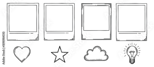 Hand drawn line art elements set featuring polaroid frames, a heart, a star, a cloud, and a lightbulb for creative design projects