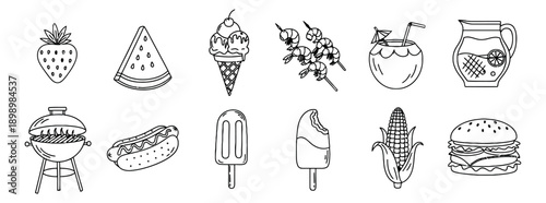 Hand drawn line art summer food and drink set featuring fresh fruit, sweet treats, grilled items, and refreshing beverages for a summer picnic