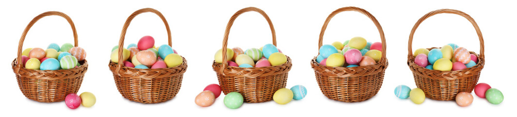 Bright Easter eggs and wicker basket isolated white background, set